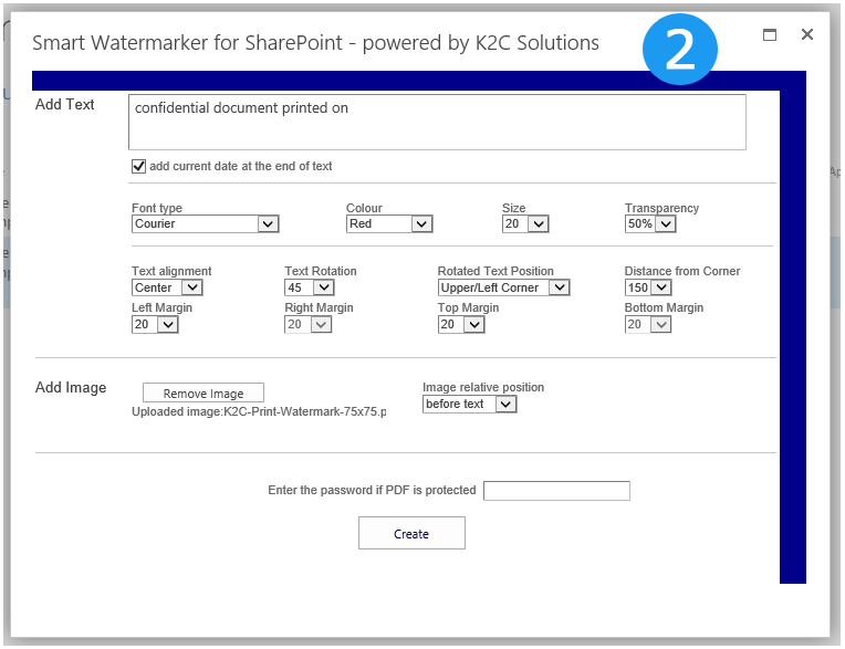 K2C Print Watermark configuration window